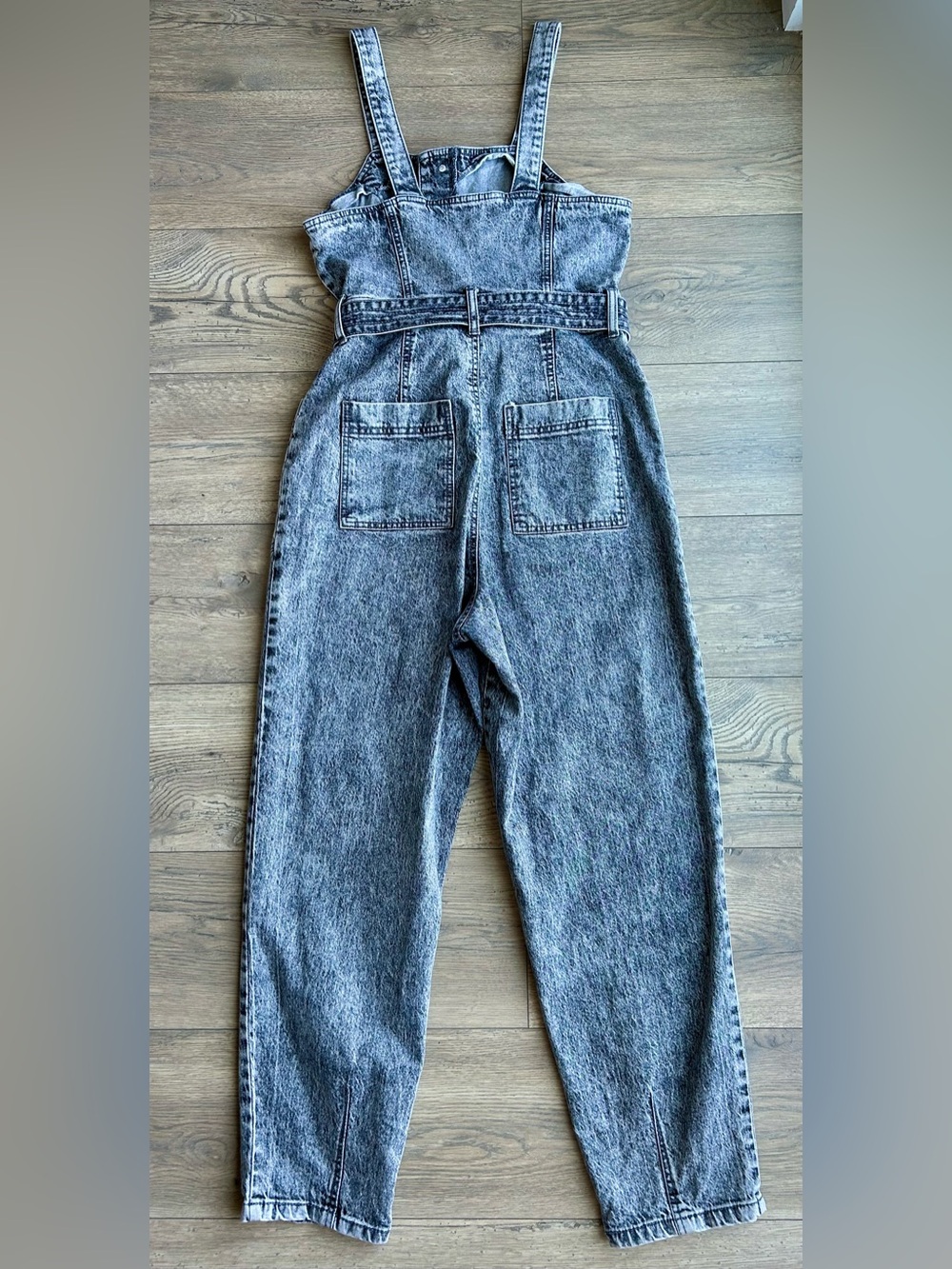 Universal Thread Acid Wash Denim Jumpsuit with Tie Belt - Black/Gray - Picture 7 of 9
